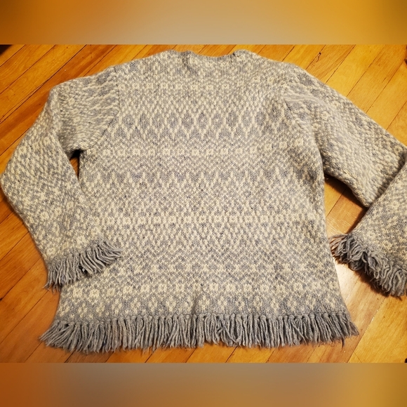 Vintage L.L. Bean fringe sweater. Wool blend. Grey-blue and cream. Fair Isle. M. - Picture 2 of 10